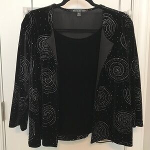 Dressy Briggs NY black velour faux 2-piece with glittery silver swirls (PL)